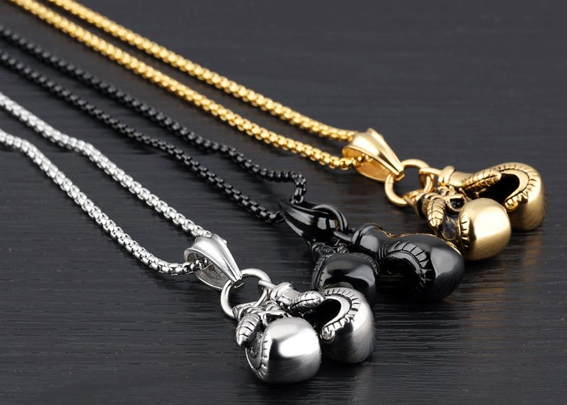 Hamoery Men Punk Stainless Steel Silver Boxing Gloves Chain Pendant Necklace(White) - Image 4